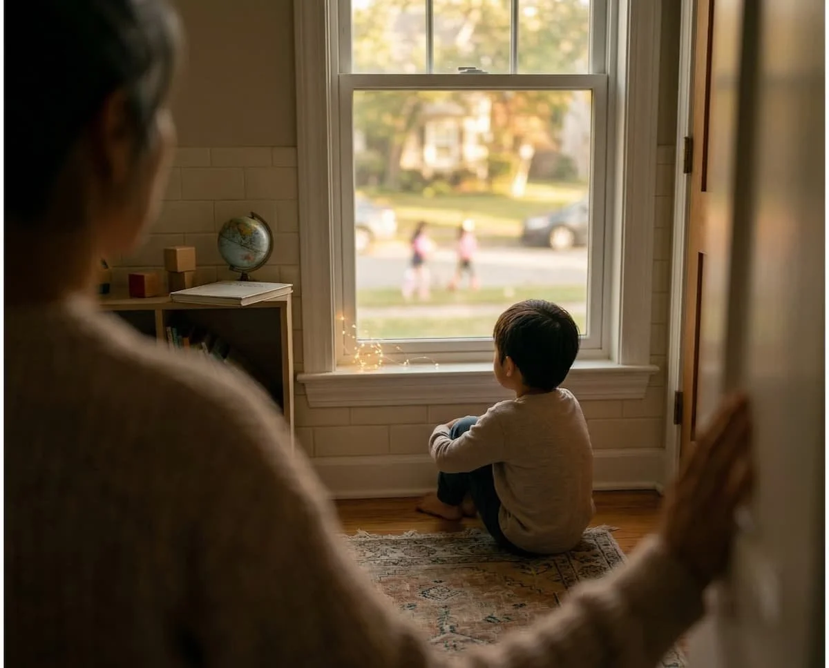 A woman and a young boy sitting on the floor inside a room looking out the window at two people walking outside.