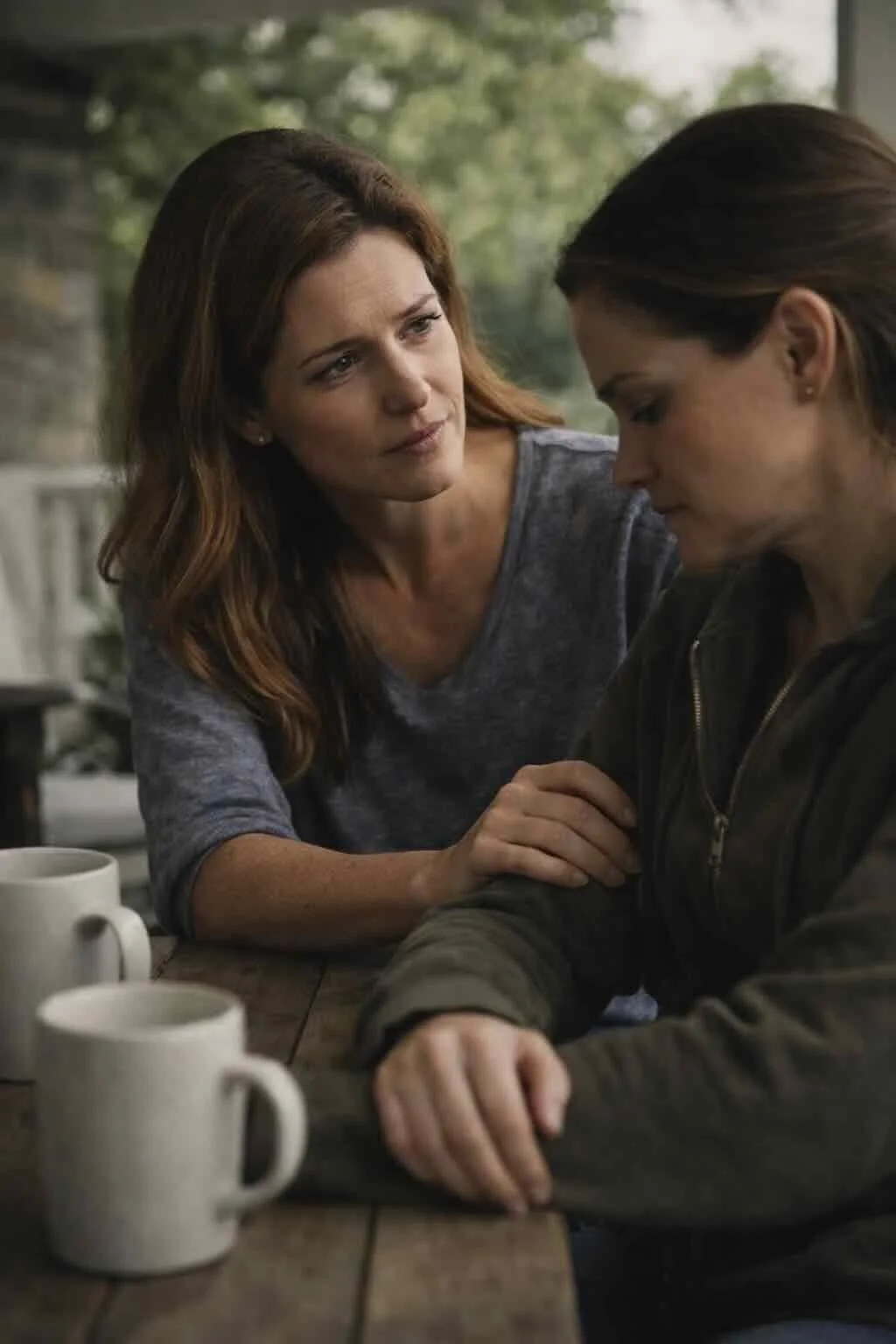 A woman with long brown hair comforting another woman with dark hair in a ponytail at a table with coffee mugs, in a cozy setting with greenery outside.