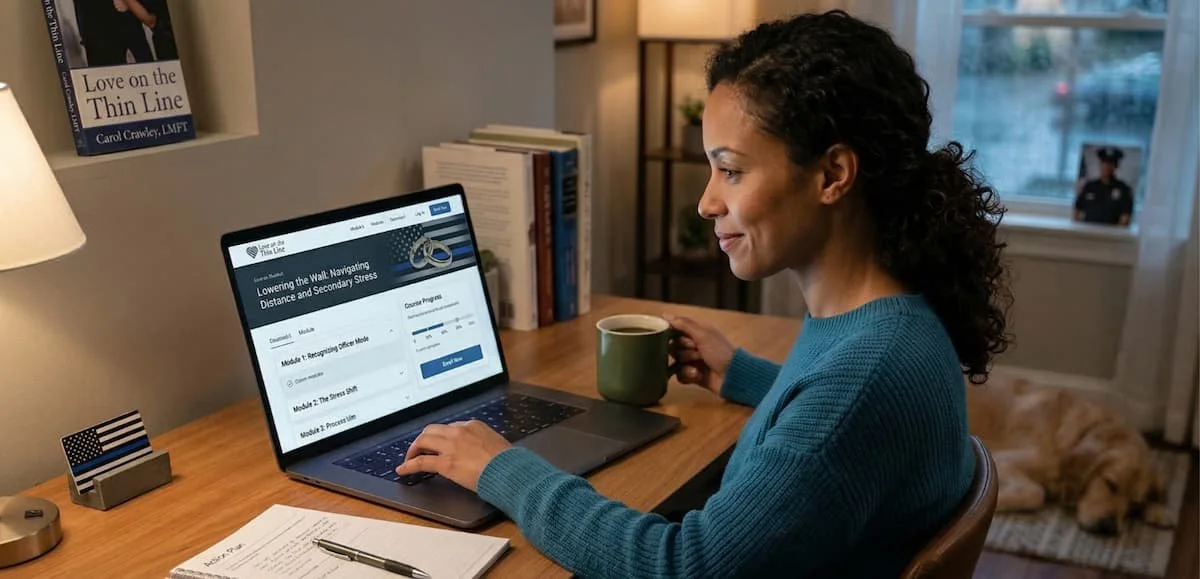 A woman with curly hair sitting at a desk using a laptop, holding a mug, with a notebook and pen in front, and a dog lying on a rug near the window in a cozy home office.