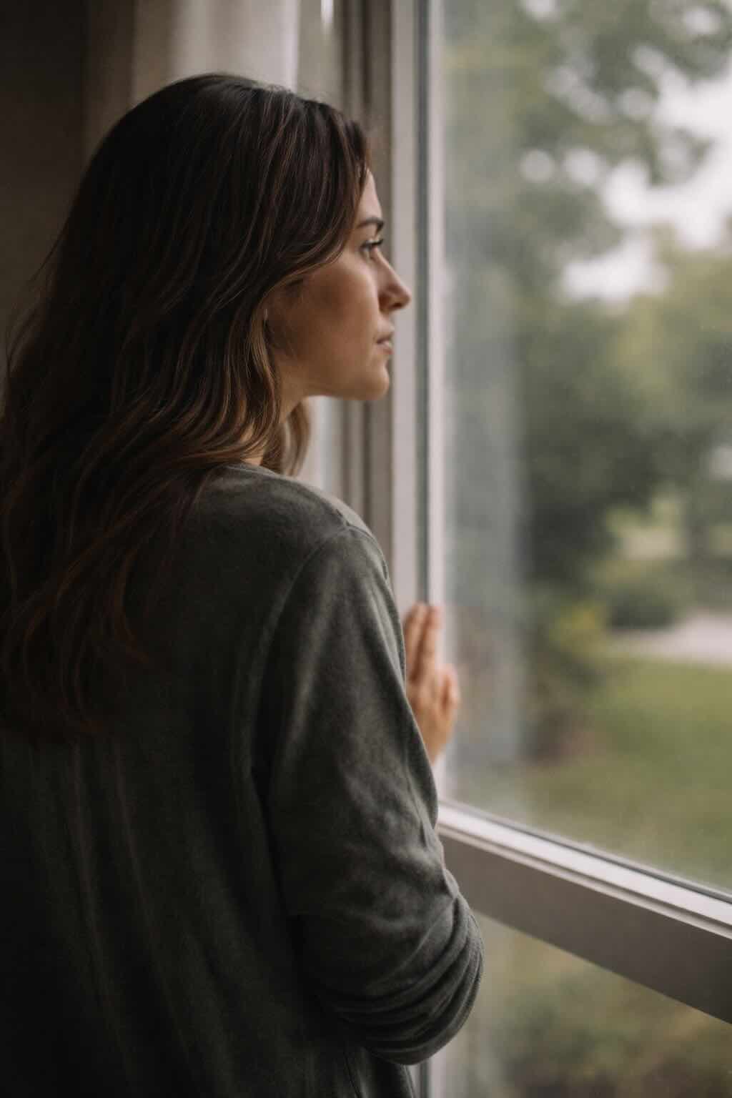 A woman with brown hair looking out a window on a rainy day.