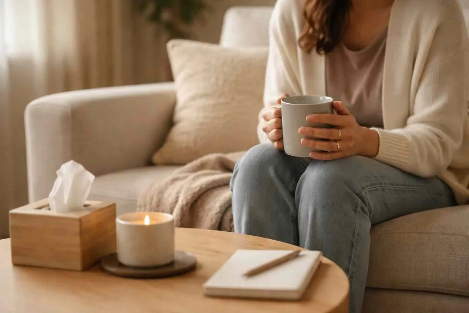 A woman sitting on a beige sofa holding a gray mug, with a cozy blanket and cushion behind her. A wooden coffee table in front has a lit candle, tissue box, and a notepad with a pen.