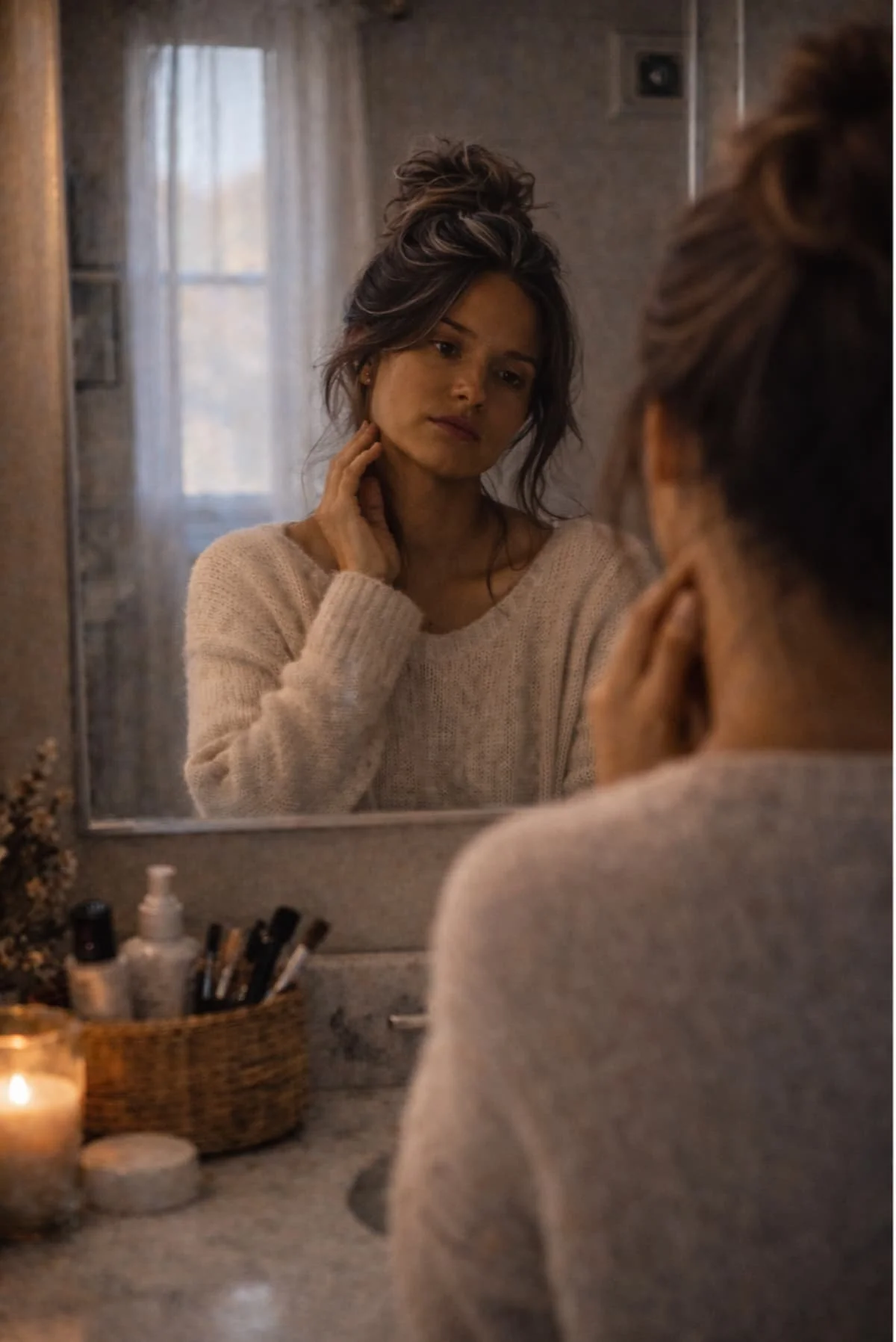 A woman looking at herself in the bathroom mirror, touching her neck, with makeup and skincare products on the sink counter, lit by a candle.