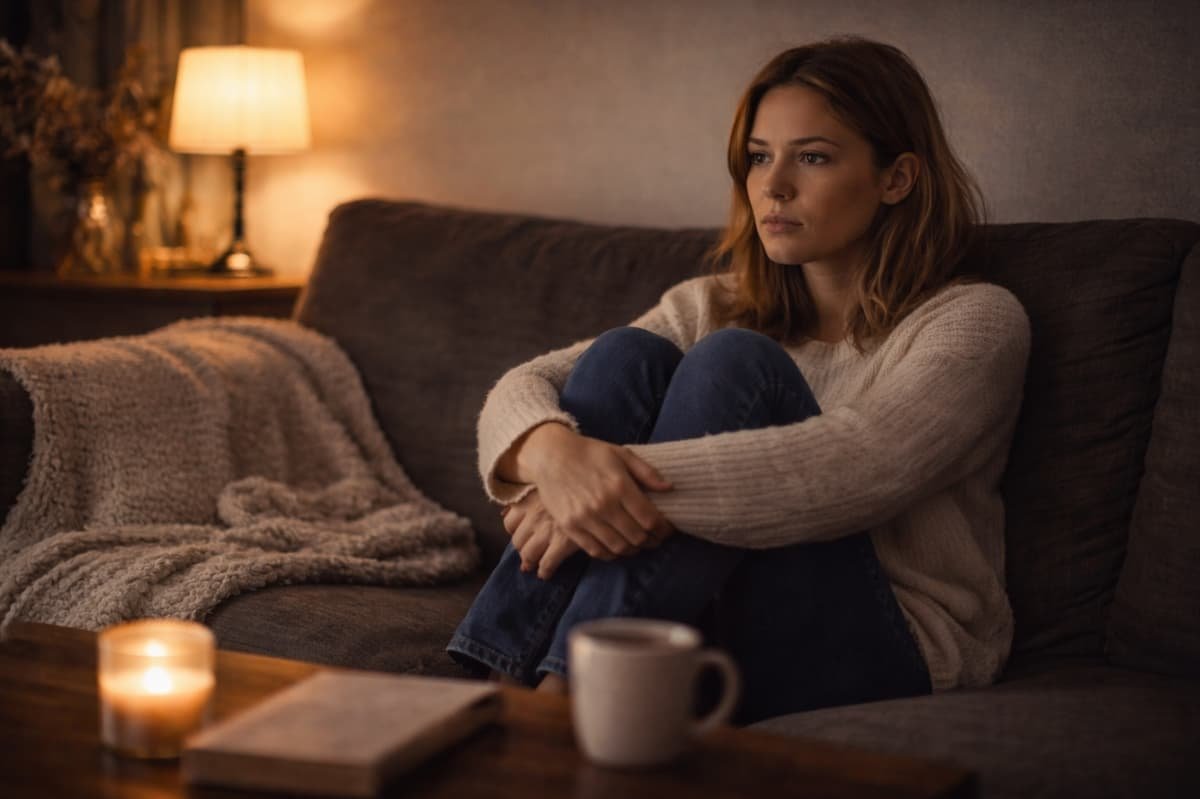 A woman sitting on a dark sofa with a beige blanket, arms wrapped around her knees, in a cozy living room illuminated by a table lamp, with a lit candle, a mug, and a closed book on a coffee table in front of her.