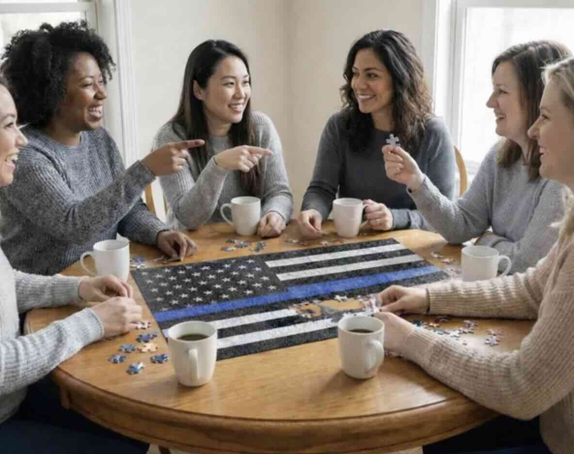 Six women sitting around a wooden table, working on a puzzle of a police line American flag, with coffee mugs in front of them, laughing and talking.
