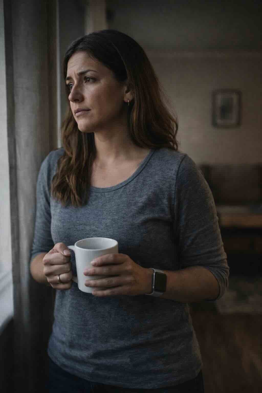 Woman with brown hair looking out the window while holding a white mug, wearing a gray long-sleeve shirt and a smartwatch.