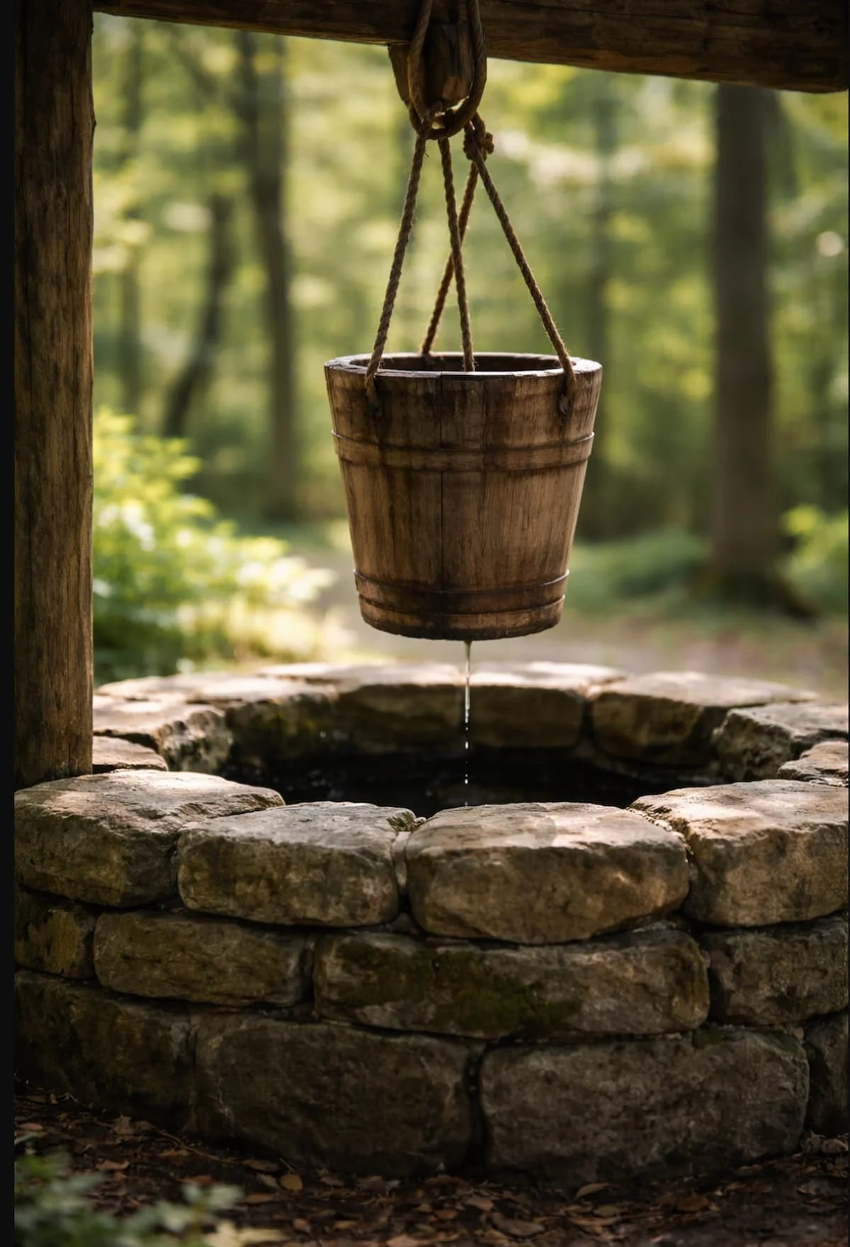 Wooden bucket hanging over a stone well, with water dripping from the bottom, surrounded by a forest background.
