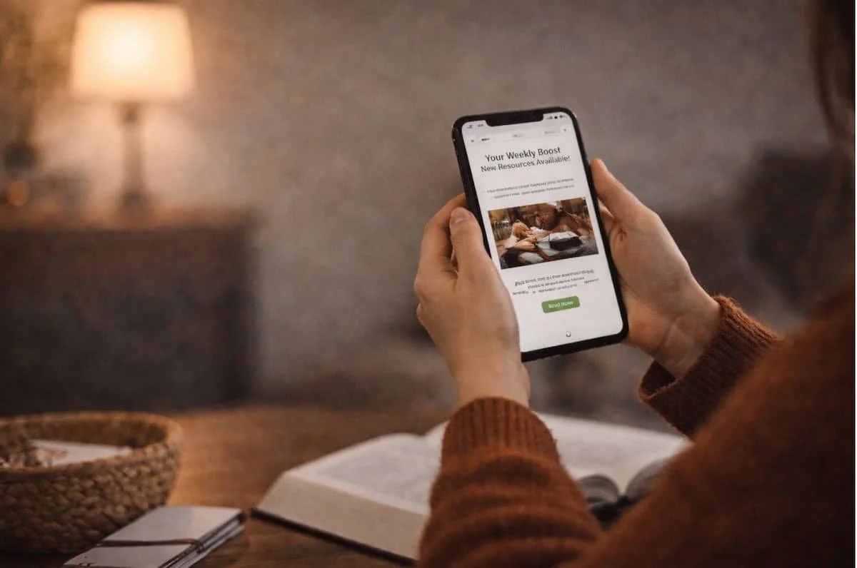 Person holding a smartphone displaying an email about weekly resources and a green button that says 'Read Now', sitting at a desk with an open book and a basket, in a cozy room with a lamp in the background.