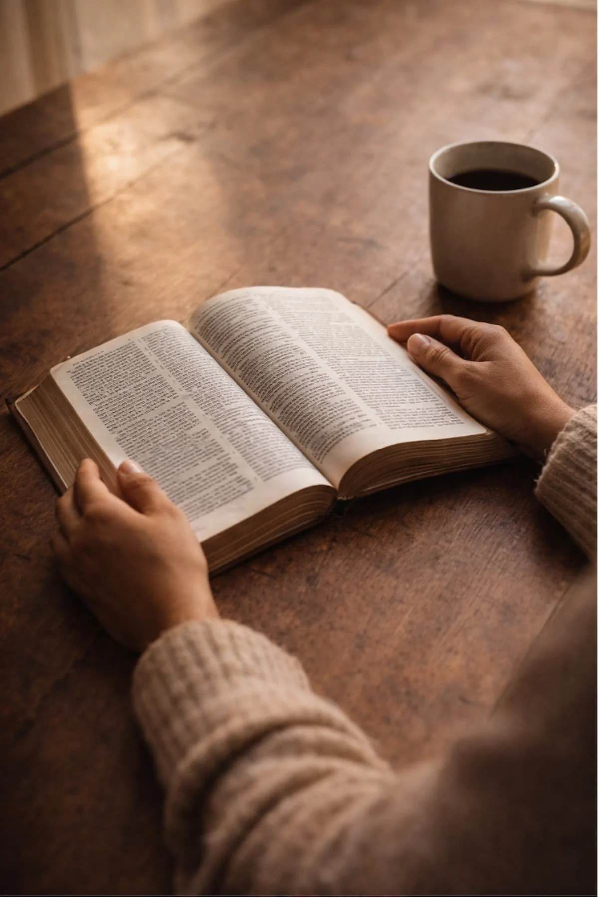 A person with beige sleeves is holding an open book, with a white mug of coffee nearby on a wooden table.