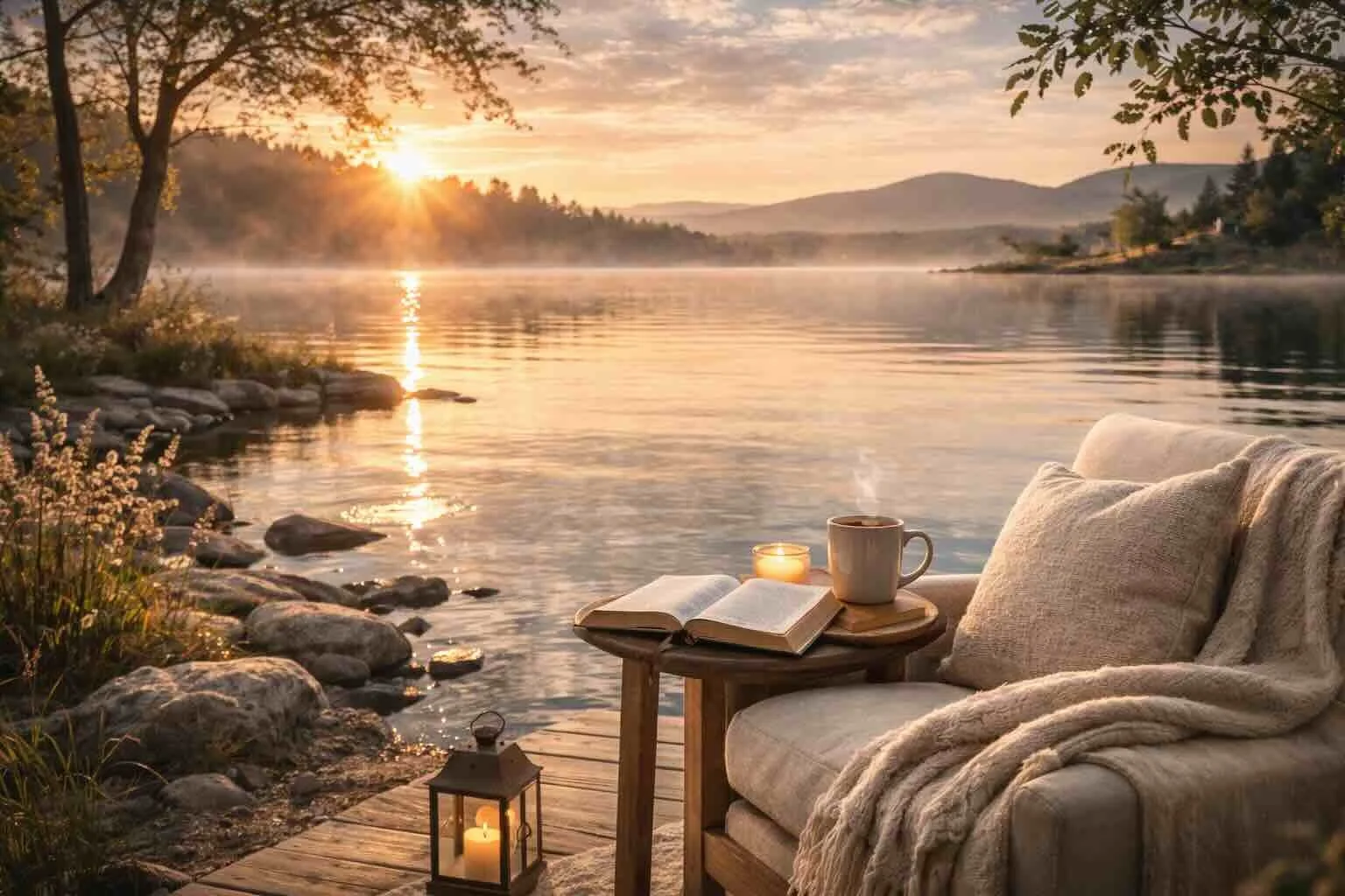 A cozy lakeside setting during sunset with a wooden dock, a comfortable cushioned chair with blankets, a small side table holding a mug and an open book, candles on the table and a lantern on the dock, surrounded by rocks and trees, with mist over the water and mountains in the background.