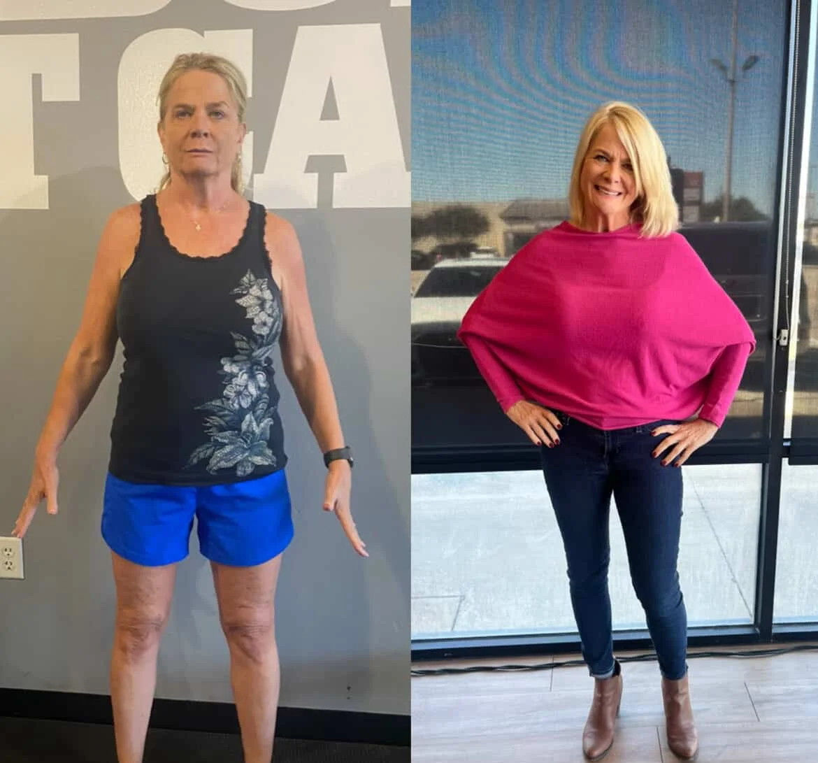 Side-by-side photos of a woman before and after weight loss, with the woman on the left wearing a black sleeveless top and blue shorts in an indoor setting, and the woman on the right wearing a bright pink sweater and dark jeans in front of a glass w