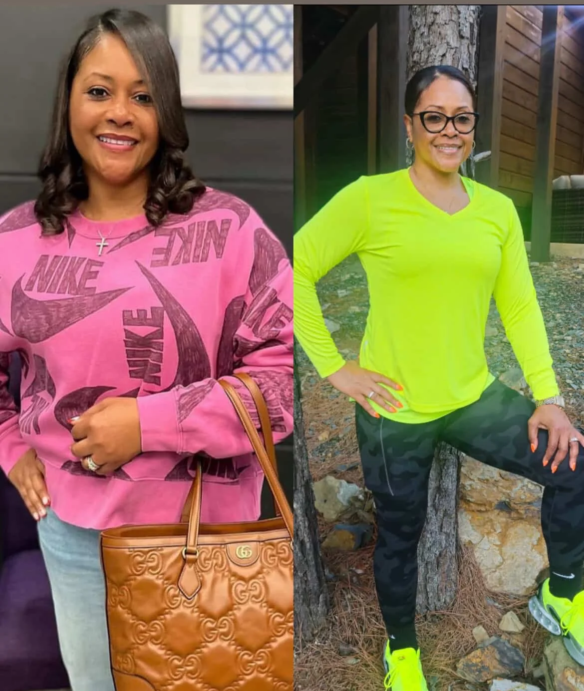 Side-by-side photo of a woman smiling, with the left side showing her dressed in a pink Nike sweatshirt, holding a tan Gucci handbag, and the right side showing her outdoors in a neon yellow long-sleeve athletic shirt and camouflage leggings, with he