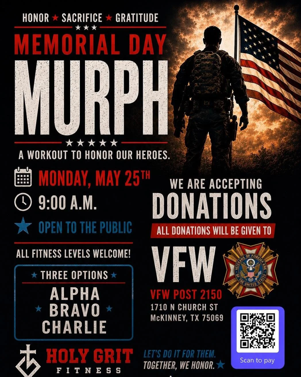 🇺🇸 Memorial Day Murph Challenge 🇺🇸

Ready to push yourself for a purpose? 💪
Get signed up for the Murph Challenge NOW to reserve your spot!

🔥 Limited spots available
🔥 Honor. Hustle. Heart.
🔥 Let&rsquo;s come together as a community and crus