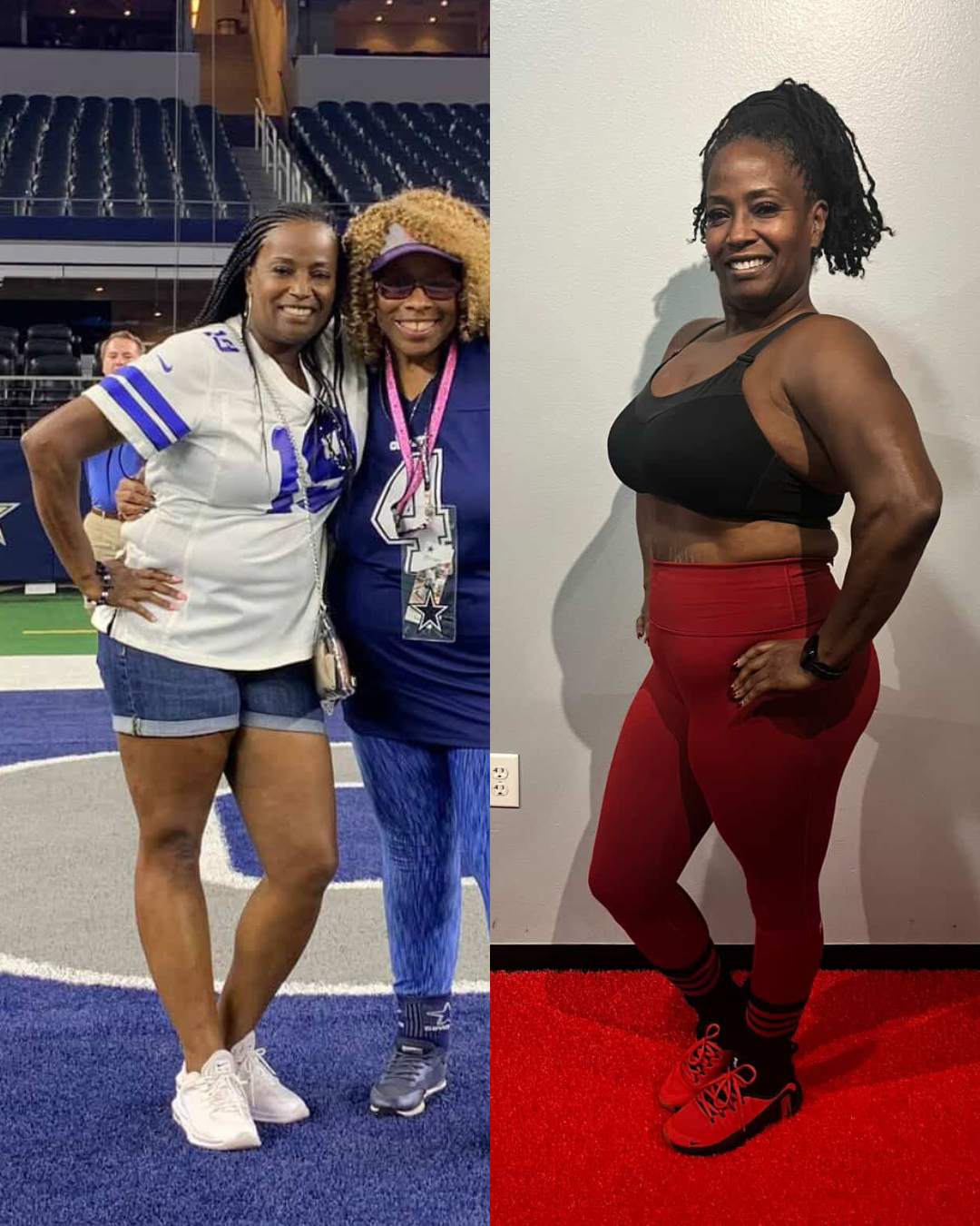 Side-by-side photos of a woman; the left photo shows her in a sports stadium, wearing a sports jersey and denim shorts, with two other women, both wearing sports jerseys, inside a stadium. The right photo shows her standing indoors against a plain wa