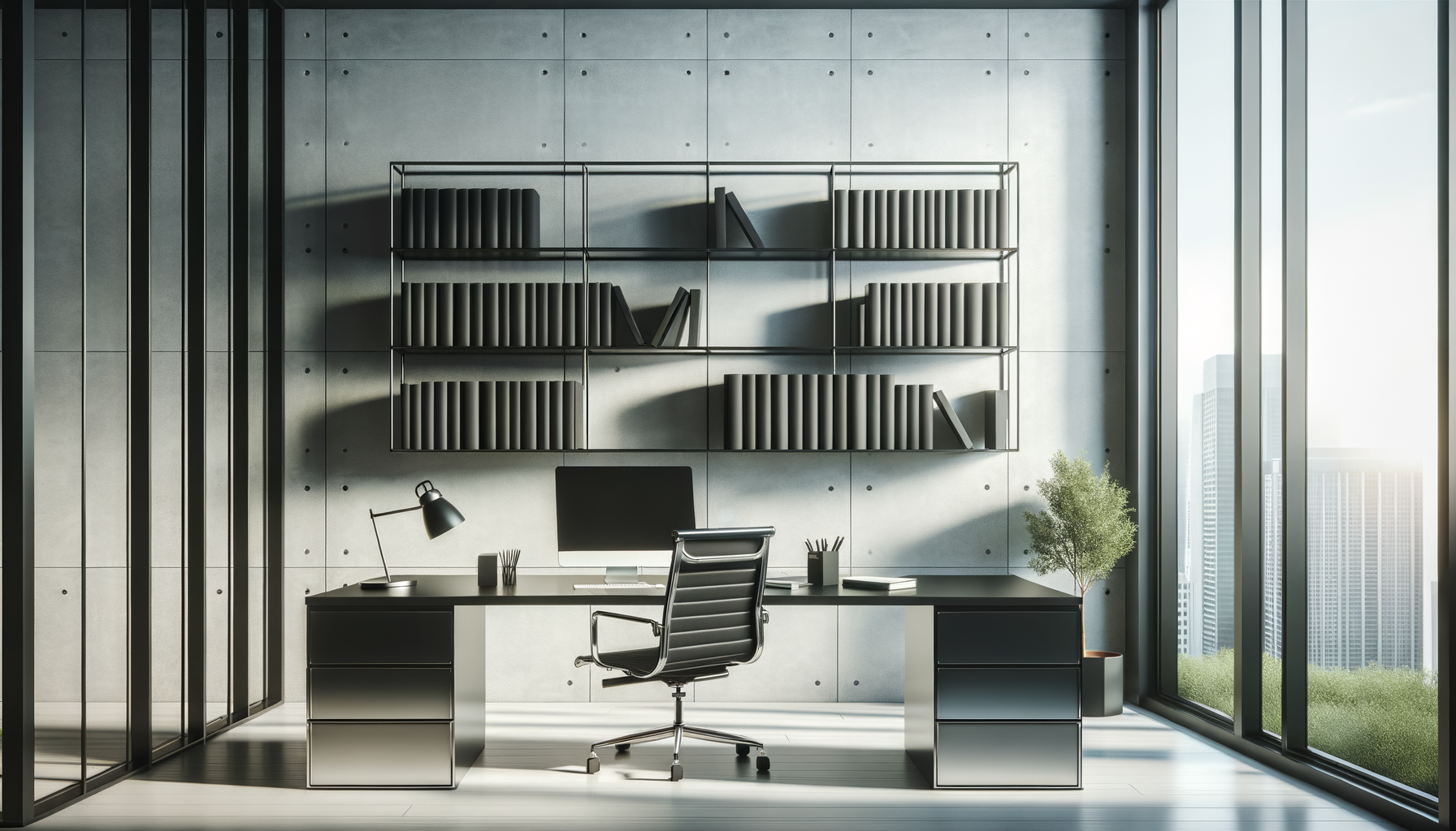 Modern office with a black desk, ergonomic chair, computer, desk lamp, and bookshelf on a concrete wall. Large windows with city view and sunlight.