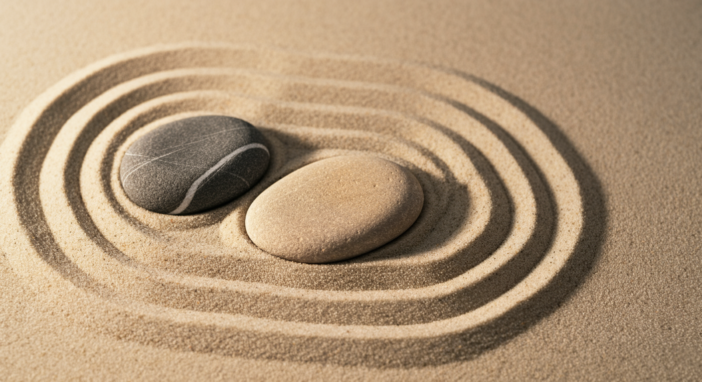 Two stones in sand creating concentric ripple patterns representing the balance achieved through meditation sessions.