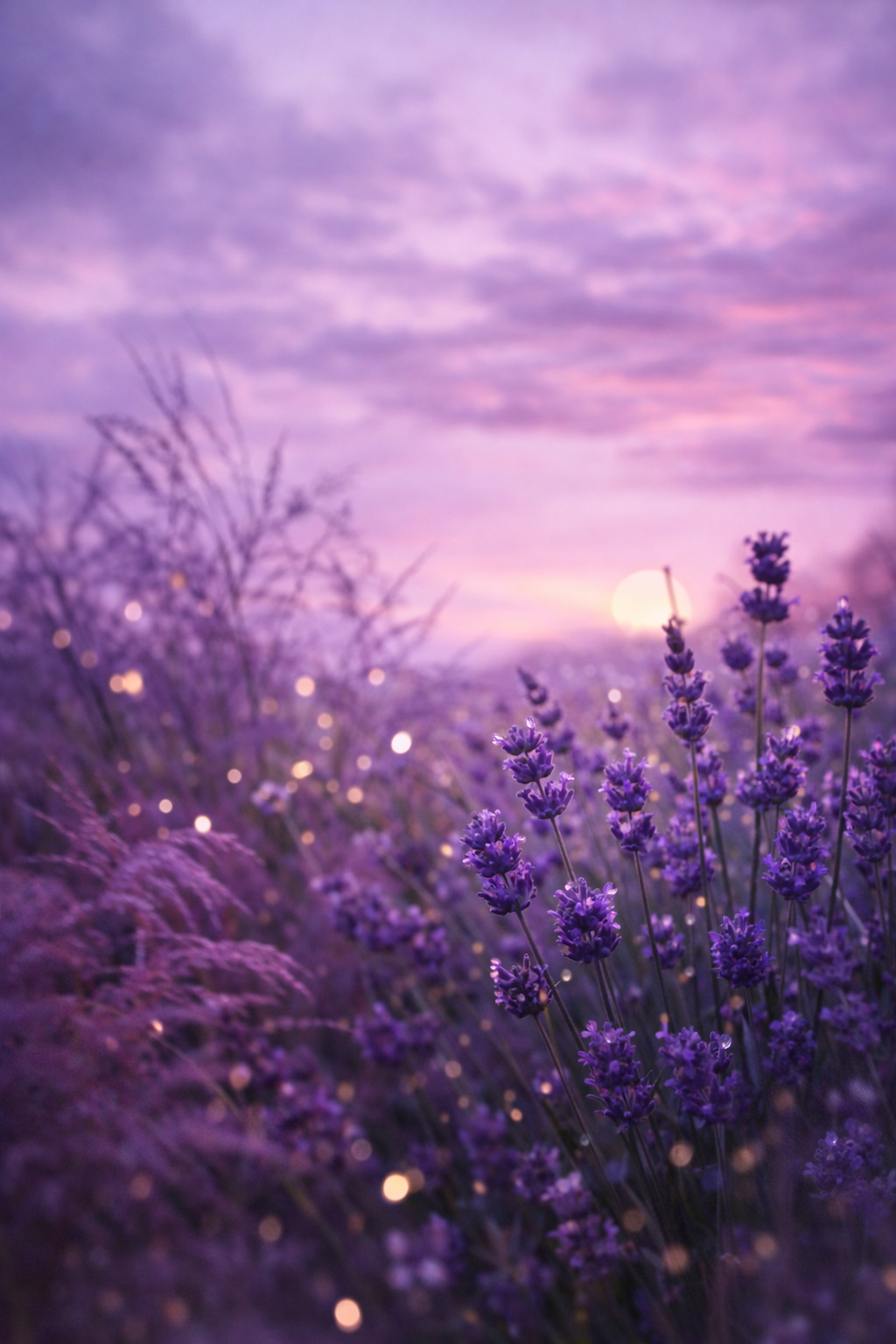 Lavender field at sunset with purple flowers and a pastel sky representing the calm that sound baths deliver.