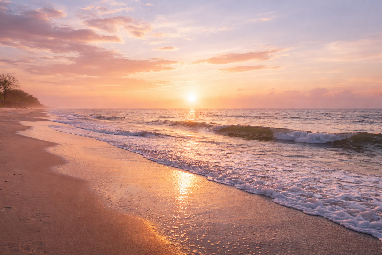 Sunset over the ocean with waves reaching the sandy beach, pastel-colored sky with scattered clouds, and distant trees on the left representing the ability of sound baths to reduce stress and improve creativity.