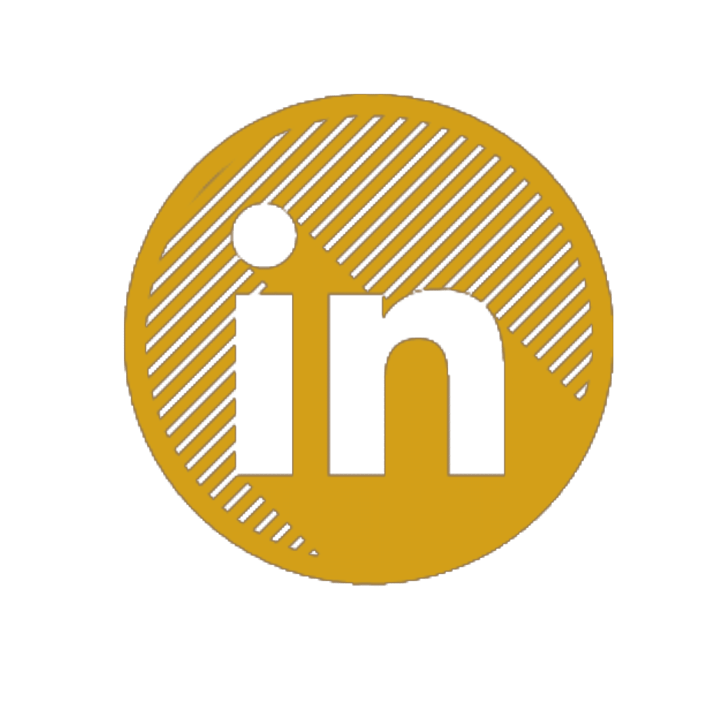 A small circular LinkedIn logo, in the color ochre.