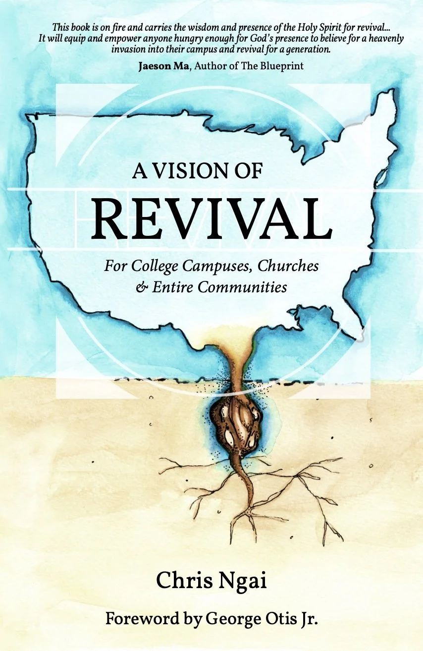Book cover with an illustration of the outline of the United States. The top part of the outline is blue, and the bottom part is beige. A tree with roots is growing from the bottom, with roots extending below the outline. The title reads 'A Vision of Revival' with additional text about college campuses, churches, and communities. The author's name is Chris Ngai, and there is a foreword by George Otis Jr.