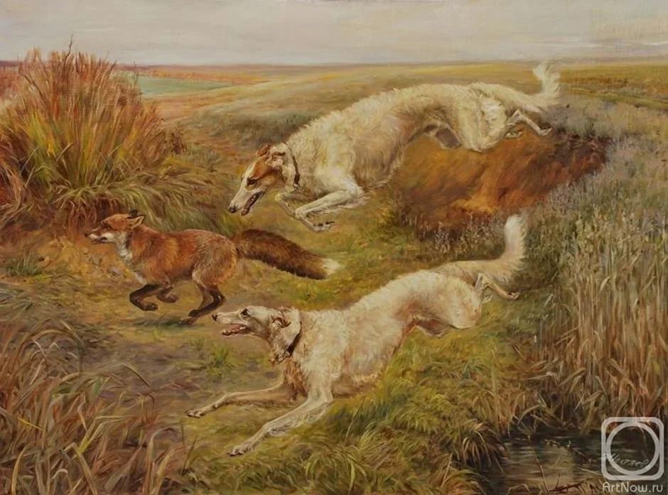 Painting of a landscape with three wolves in motion, running through tall grass and near a water body, with a distant horizon.