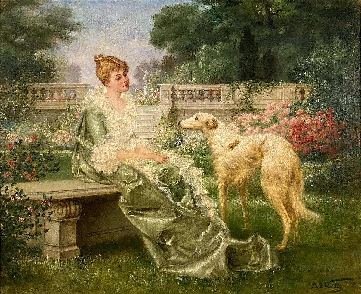 A woman in an elegant, ruffled dress sitting on a stone bench in a garden, gazing at a dog standing nearby. The garden features lush greenery, pink and red flowers, and a stone balustrade in the background.
