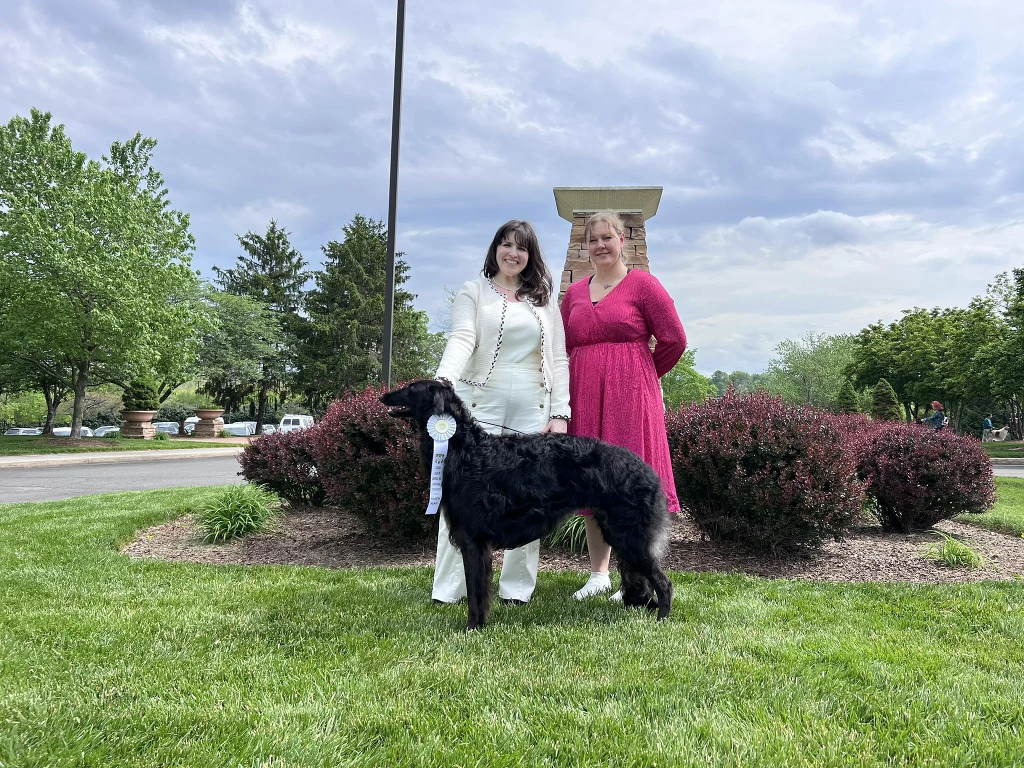 Borzoi standing outdoors with a ribbon following a dog show evaluation, with two women positioned behind the dog in a landscaped park setting.