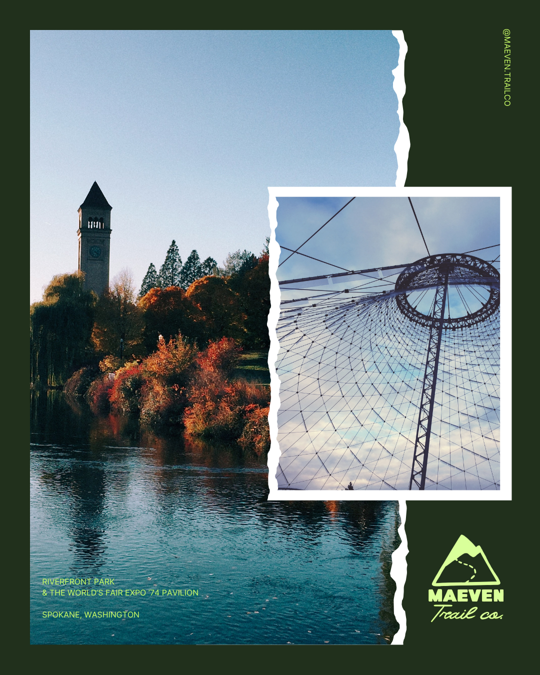 A scenic view of Riverfront Park in Spokane, Washington featuring a river with reflections, trees with fall foliage, a clock tower, and World's Fair Expo '74 canopy structure with a cloudy sky in the background.