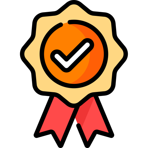 Digital badge with a check mark inside a gold seal and red ribbon.