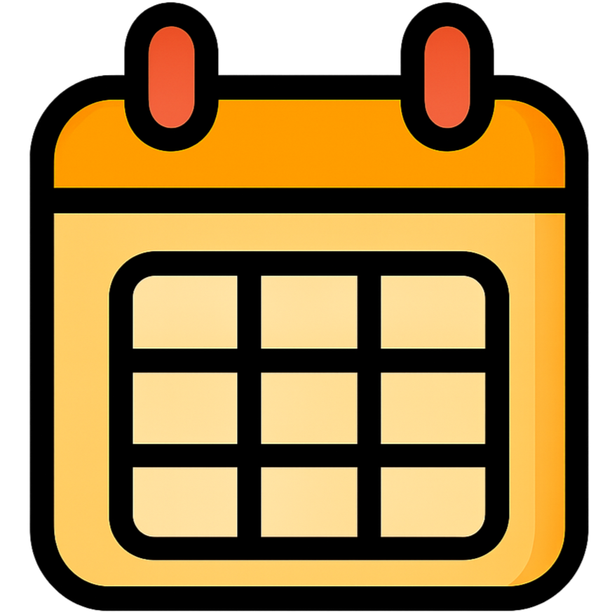 A digital icon of a calendar with a yellow and orange color scheme on a black background.