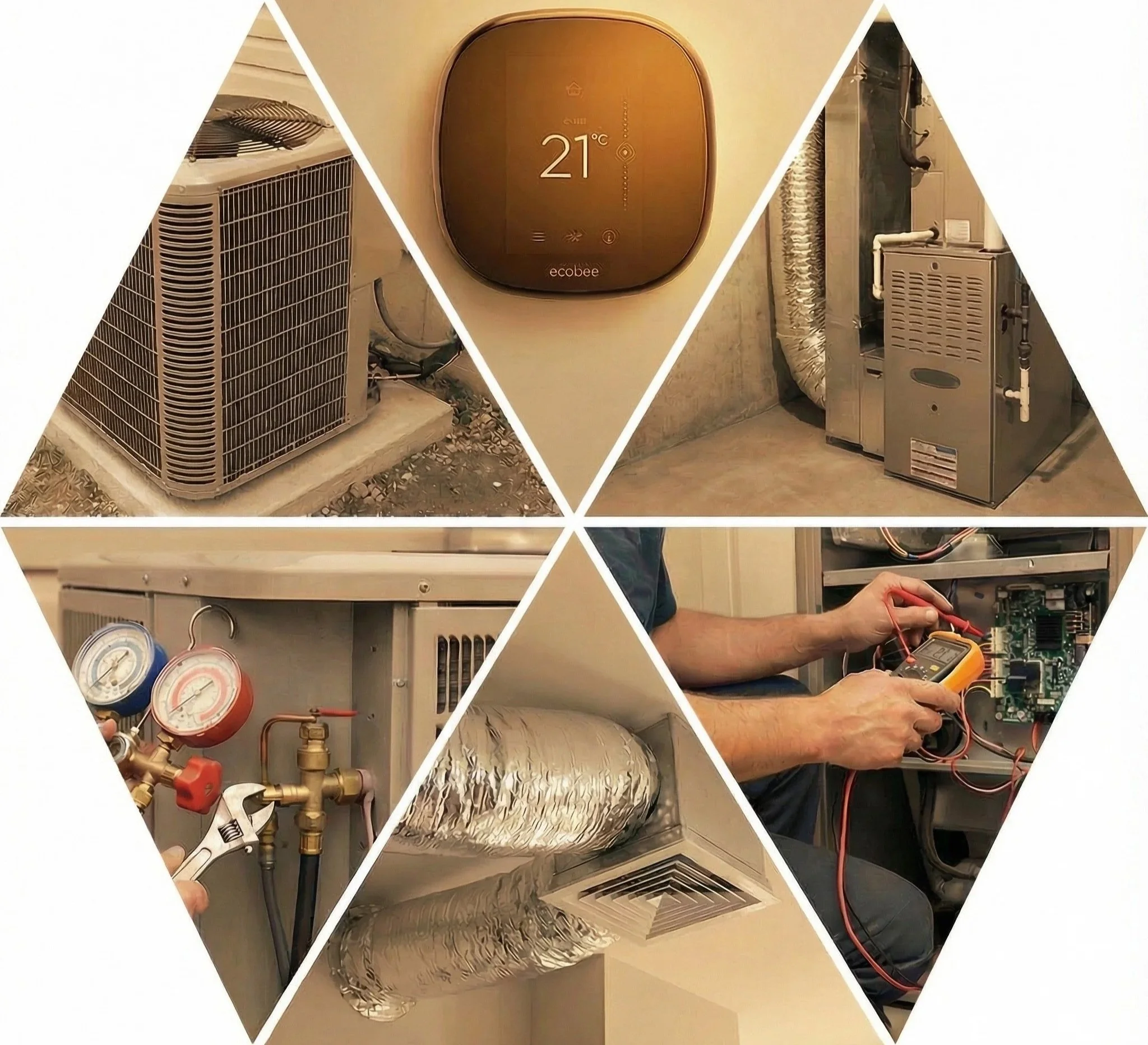 Collage of HVAC and refrigeration maintenance: outdoor air conditioning unit, smart thermostat, HVAC compressor unit, refrigeration compressor, technician testing HVAC system with a multimeter, and indoor air duct with insulated ductwork.