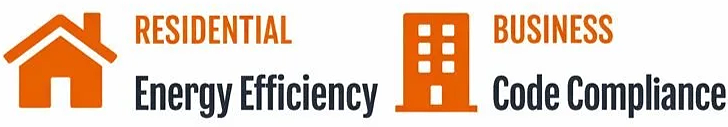 Logo with two sections: Residential energy efficiency on the left with a house icon, and Business code compliance on the right with a building icon.