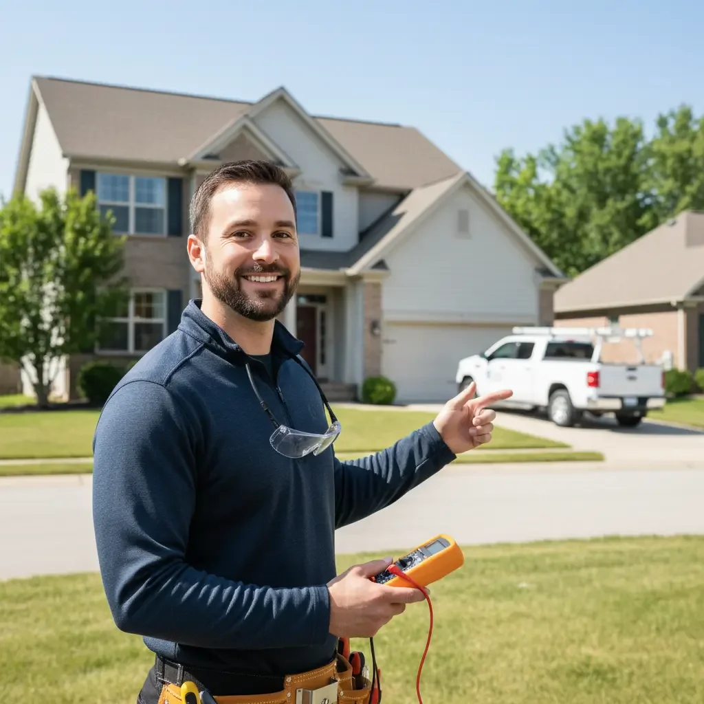 A smiling man wearing safety glasses and a navy blue long-sleeve shirt standing in front of a suburban house, pointing toward the house while holding an electrical multimeter.