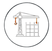 Diagram of a construction site with a crane, building structure, and grid layout
