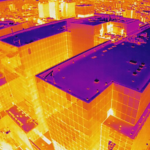 Thermal or infrared view of a large building with flat rooftops and surrounding cityscape at night.