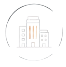 Outline drawing of a cityscape with tall buildings, one with orange windows, on a black background.