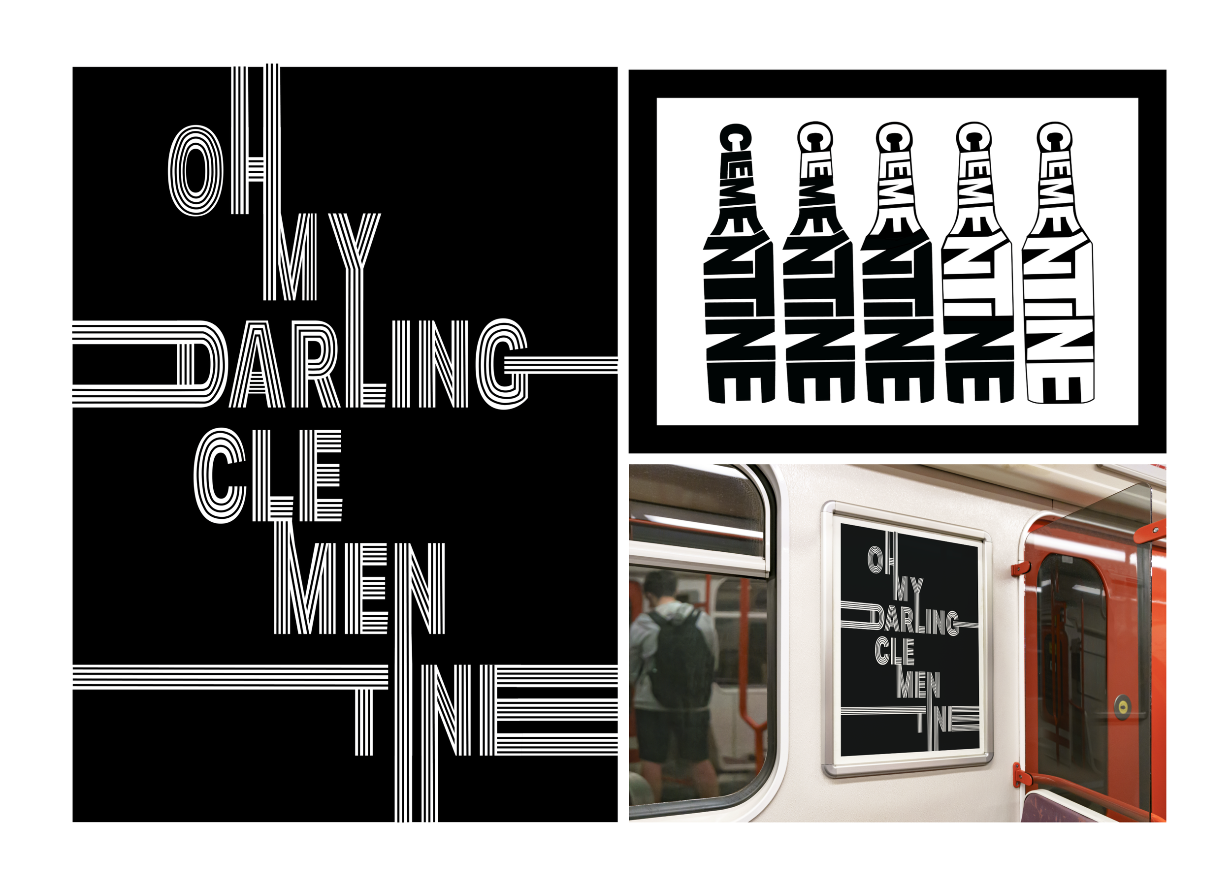 These posters were for a Typography project using songs, we were limited to 5 fonts (I chose Activ Grotesk), no color, and no imagery. Clementine by Elliot Smith tells of a man drinking away his problems at a bar, singing of lost love. The first post