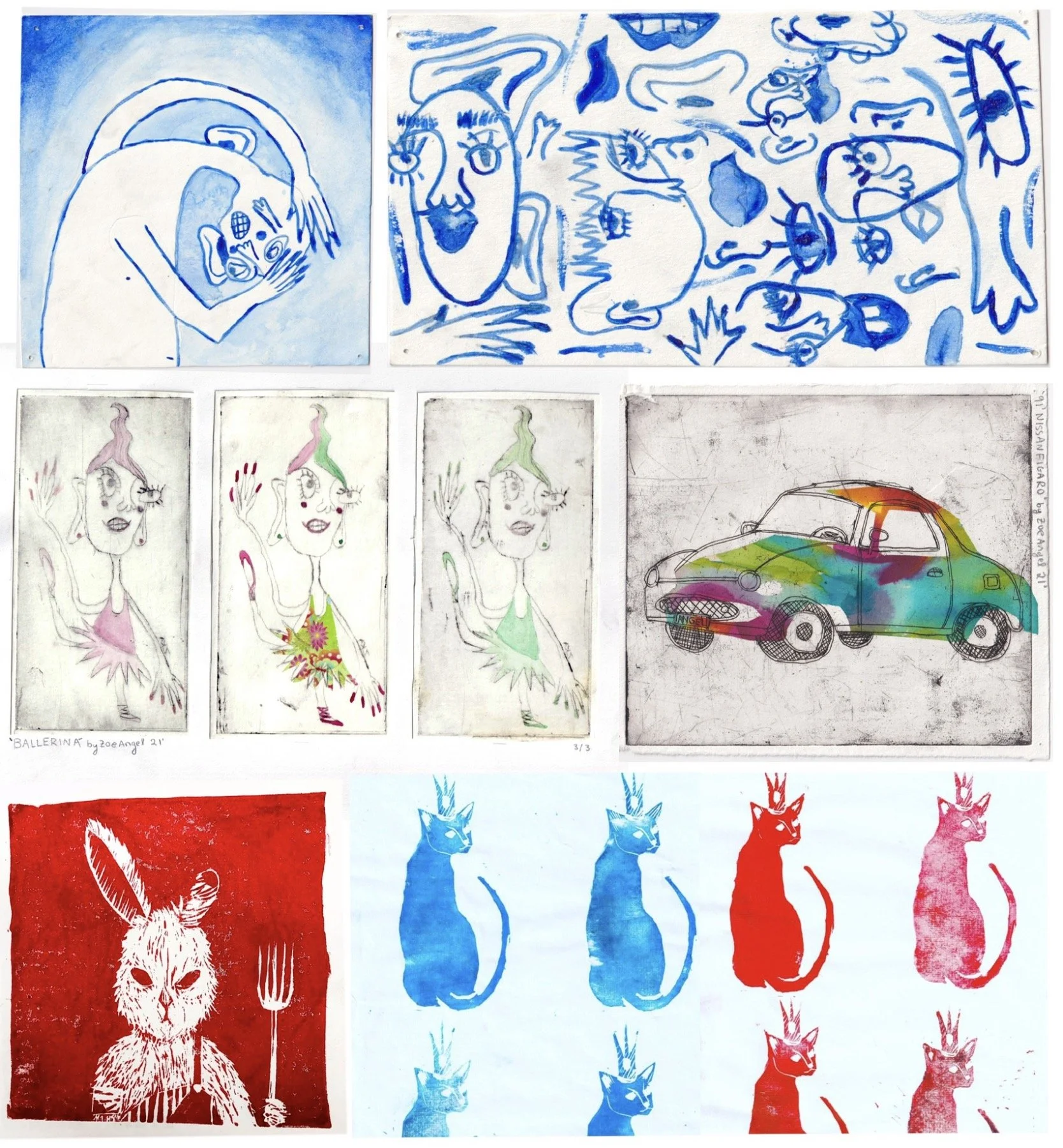 Medium Explorations
(Top to bottom)
Row 1: Watercolor medium, left: a jumbled man, right: blind drawing (Summer 21)
Row 2: Intaglio prints, with paper and watercolor details, left: some funky ballerinas, right: a 91’ Nissan Figaro (Summer 21)
Row 3: 