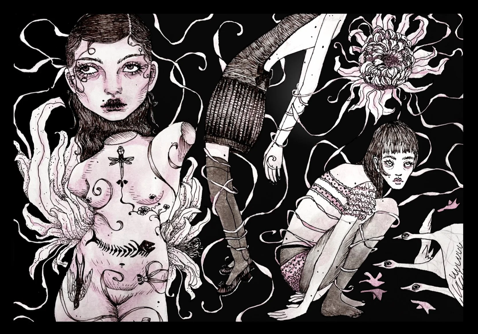 A variety of illustrations connected through crawling vines, and blossoming petals. It began a brainstorm for a perfume advertisement, but became it's own piece when connected through the vines. Ink and watercolor subjects, acrylic paint background.(