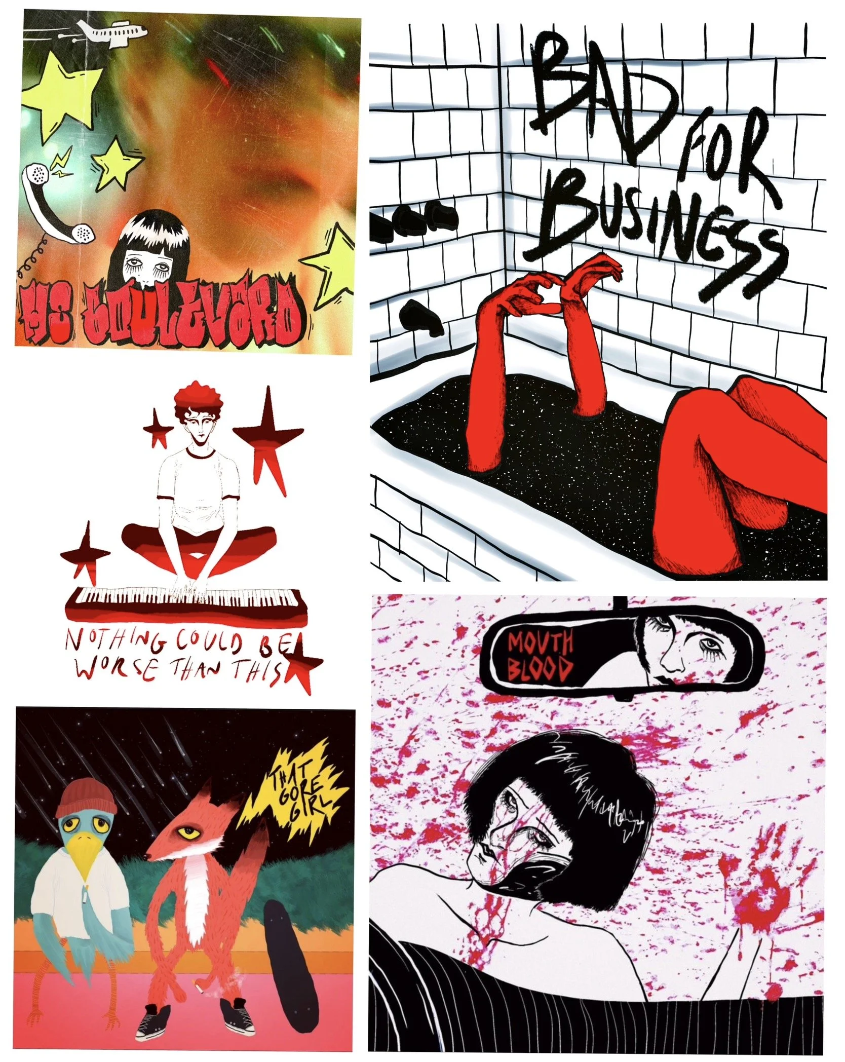 Many of my friends are musicians, so I was often commissioned to design album covers and promotional material to help build their brand. 
All done on Procreate
(Left to right)
- Ms Boulevard, a single by band Somebody Somewhere, using a still from mu