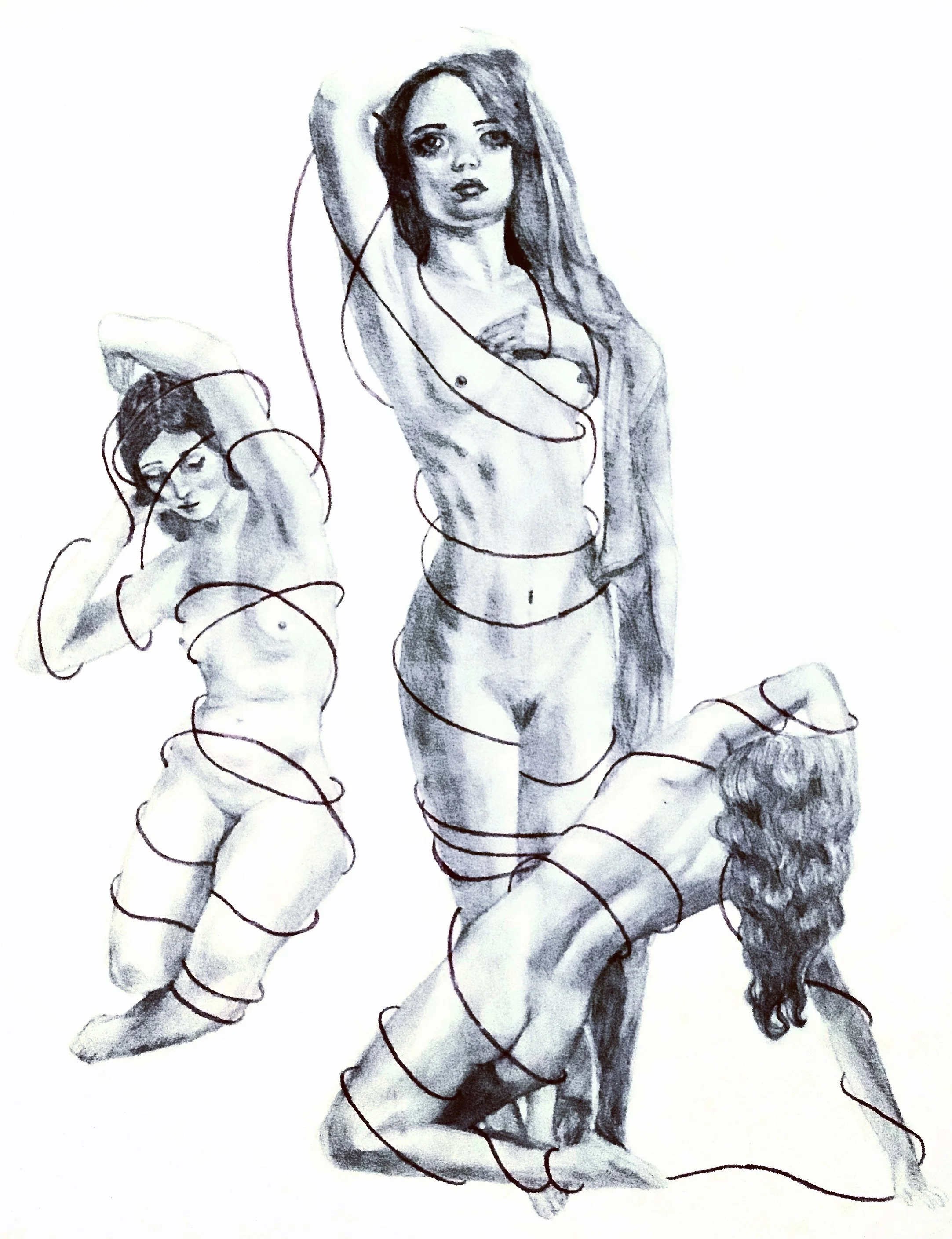 This began as figure drawing practice, but throughout the process I began to see a story emerge. In this piece I tried to illustrate personal evolution, with each woman exploring a different version. I had recently wrote an essay on growing up, focus