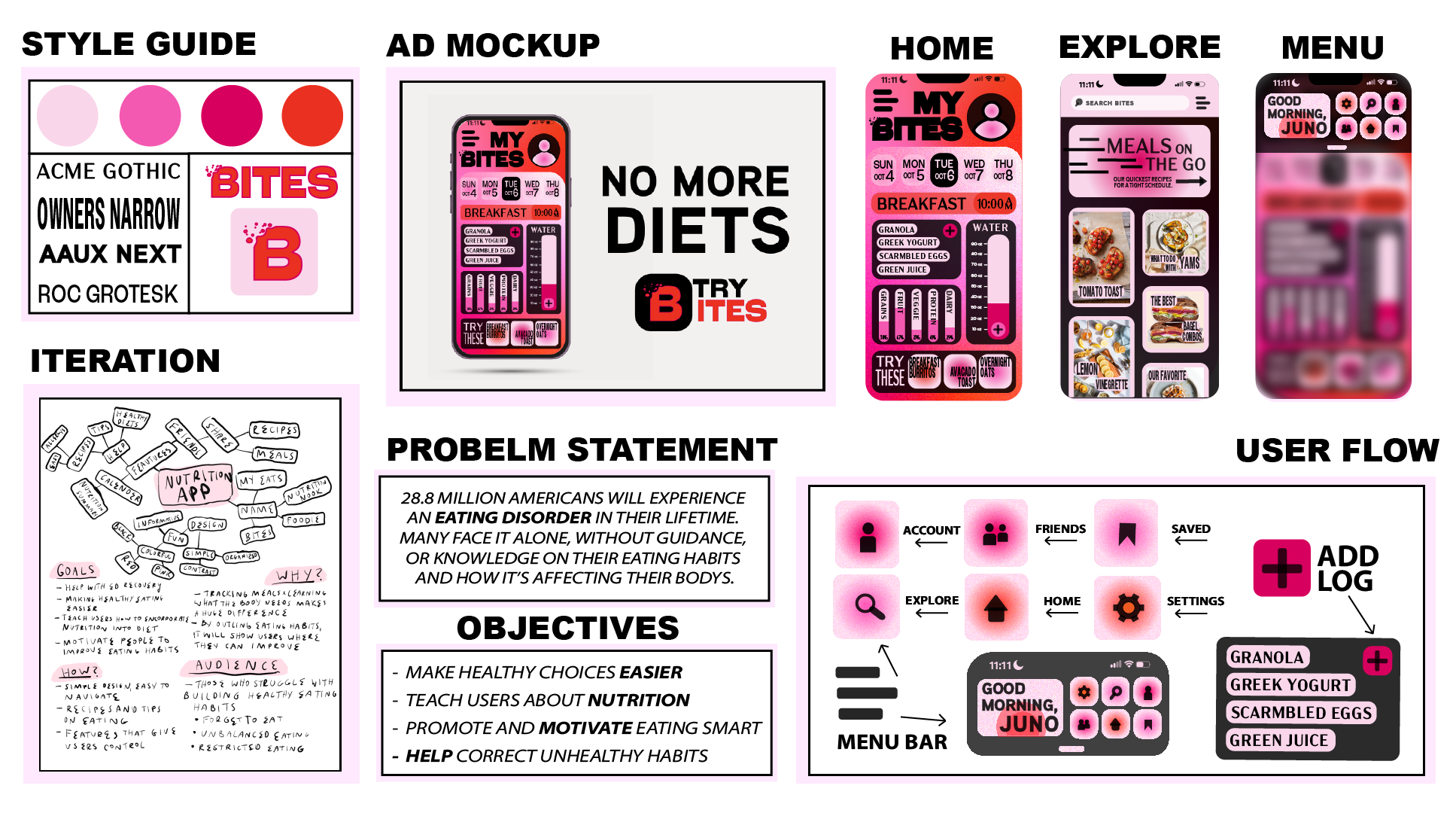 This is an app design made for those who have been affected by diet culture. Its goal is to focus on nutrition, rather than calorie counting, helping anyone who struggles to regulate eating habits. (2023)
