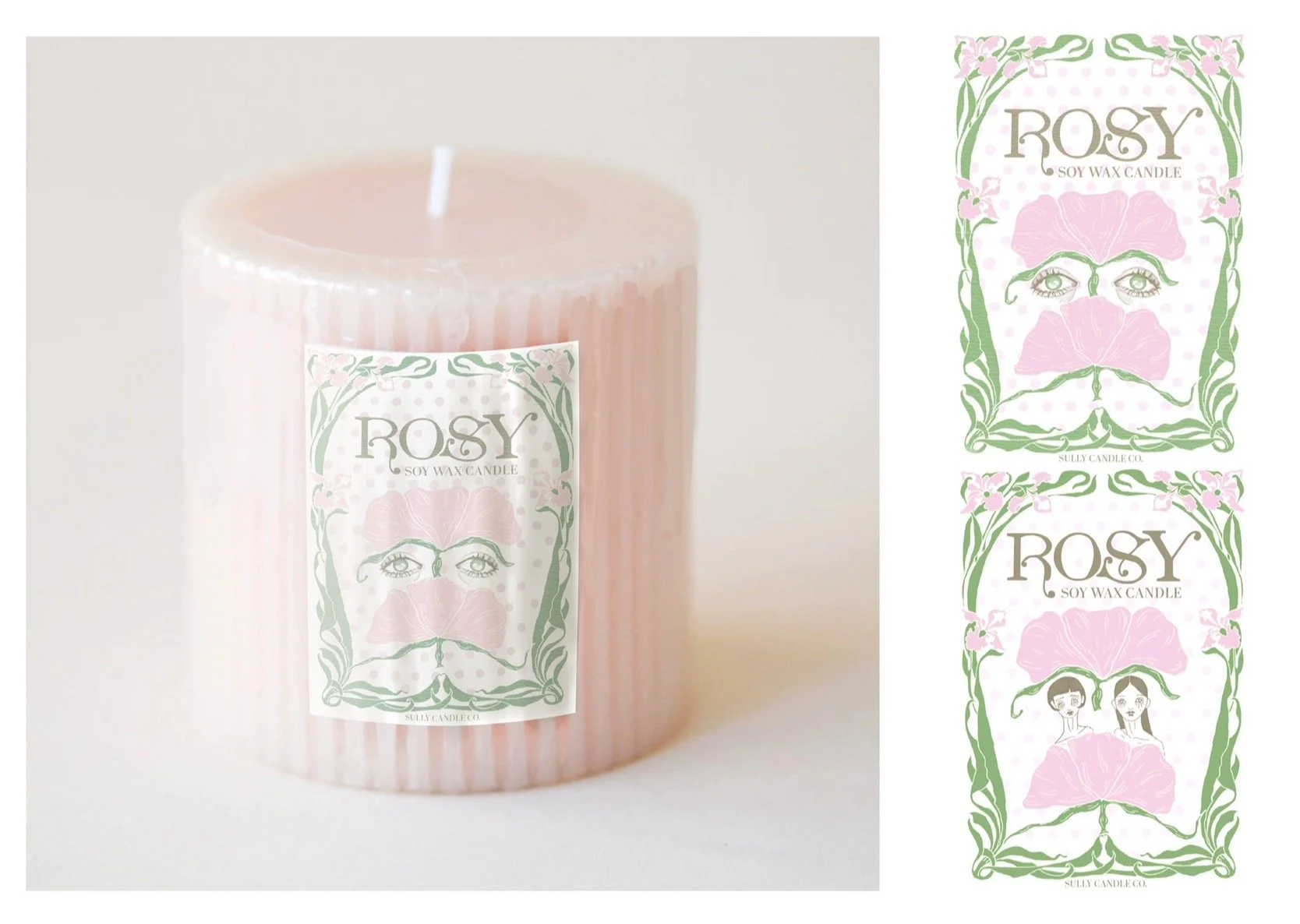 This candle design was done with procreate, I designed a couple iterations of a candle label and created a mockup image using photoshop. (2023)