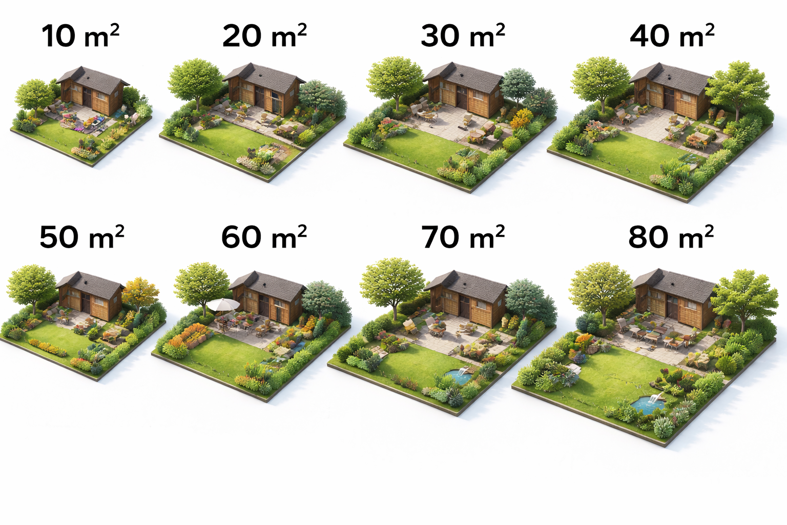 Array of miniature garden models illustrating yards of different sizes from 10 square meters to 80 square meters.