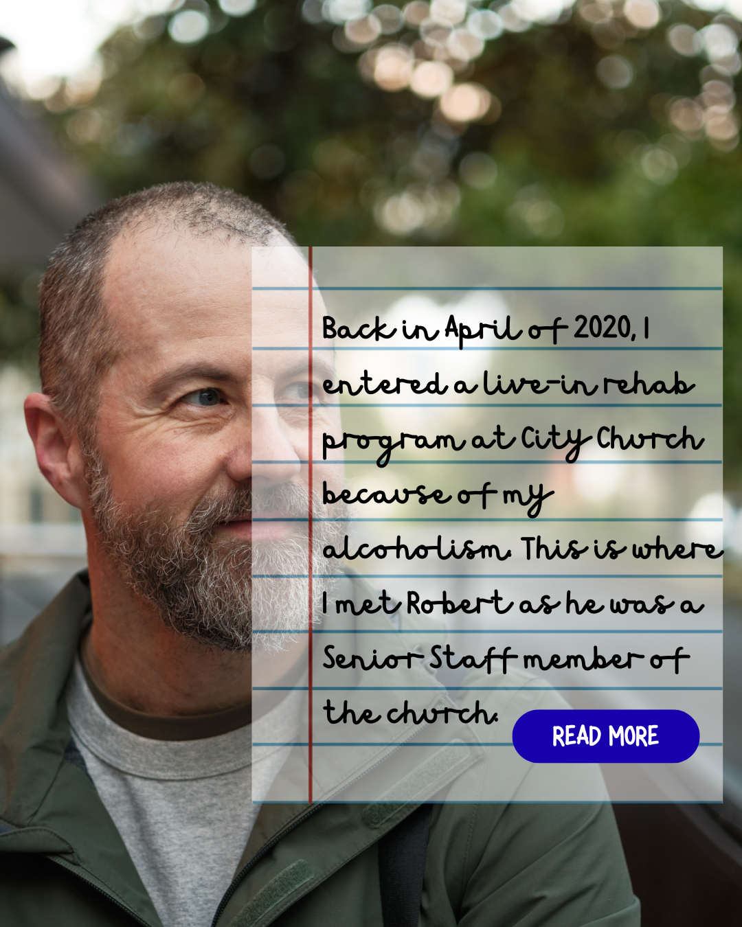 Shows a smiling man with the start of his testimony. To read his testimony click on the image.