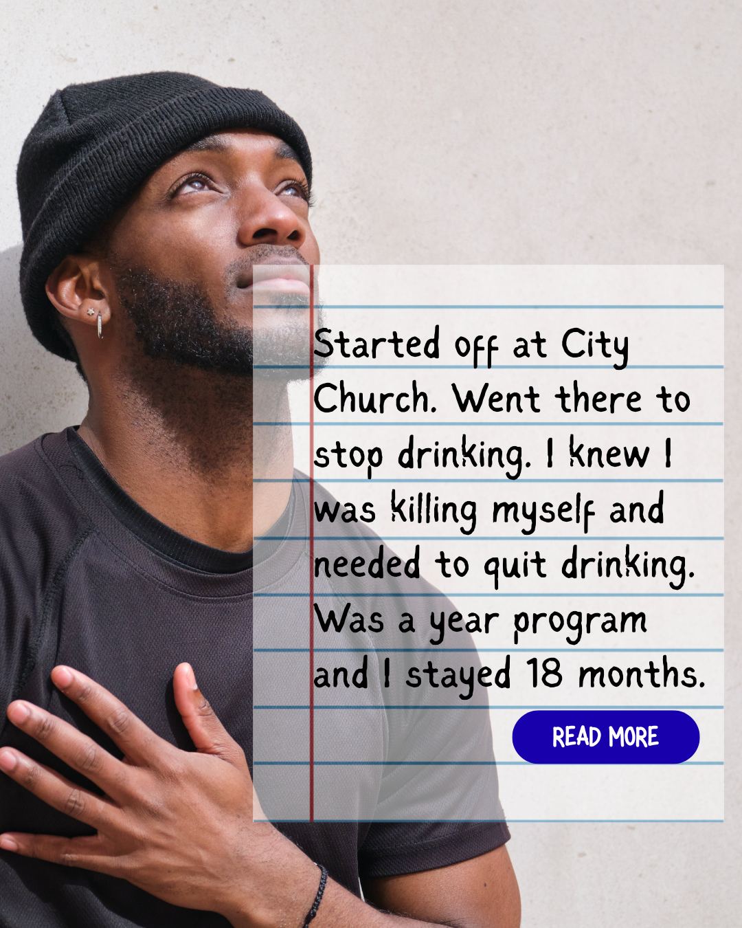 Shows a smiling man with the start of his testimony. To read his testimony click on the image.
