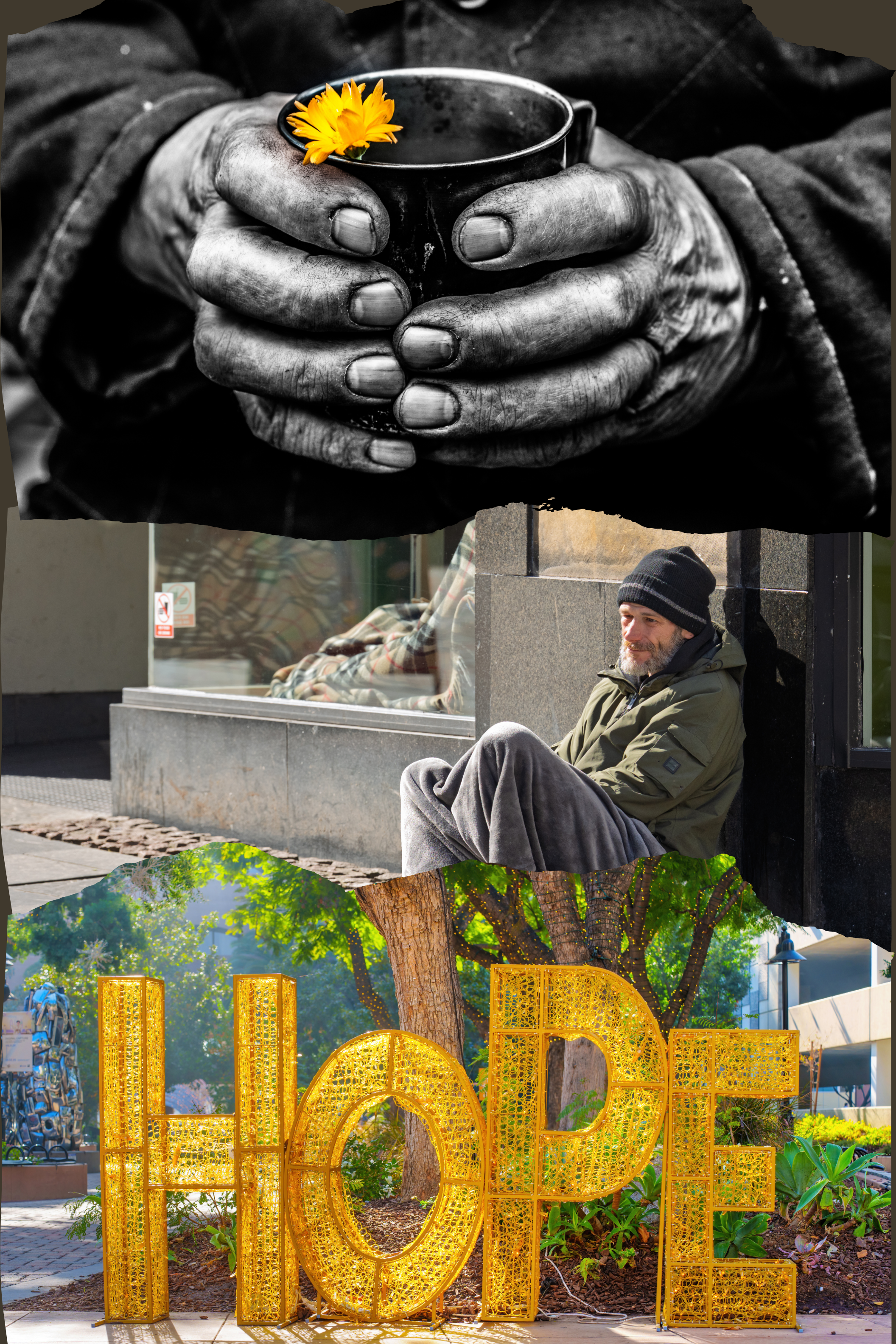 A black and white photograph of a person holding a black cup with a yellow flower on the edge. The person is wearing a jacket and is sitting on a concrete ledge. Behind them, there is a window with a reflection and some graffiti. The lower part of the image shows a colorful outdoor scene with trees, sunlight, and large yellow decorative letters spelling "LOVE".