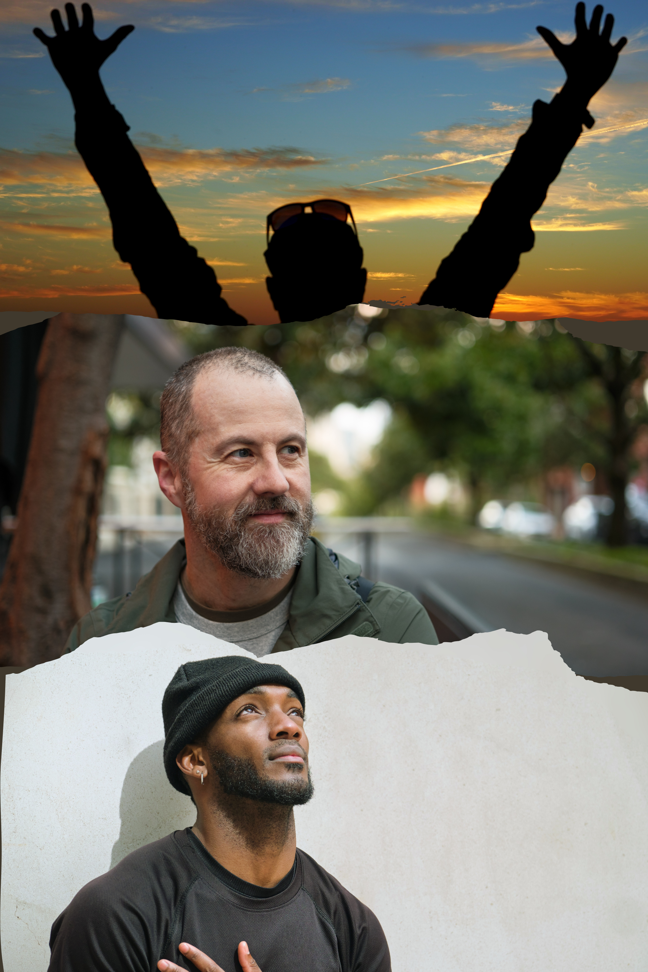 Silhouettes of three people with arms raised against sunset sky, people with diverse backgrounds and styles, including beard, short hair, and beanie, standing outdoors.