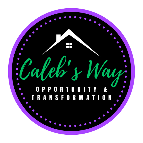 Logo for Caleb's Way with a house roof graphic, green script text 'Caleb's Way', and white text 'Opportunity & Transformation' enclosed in a purple dotted circle on a black background.