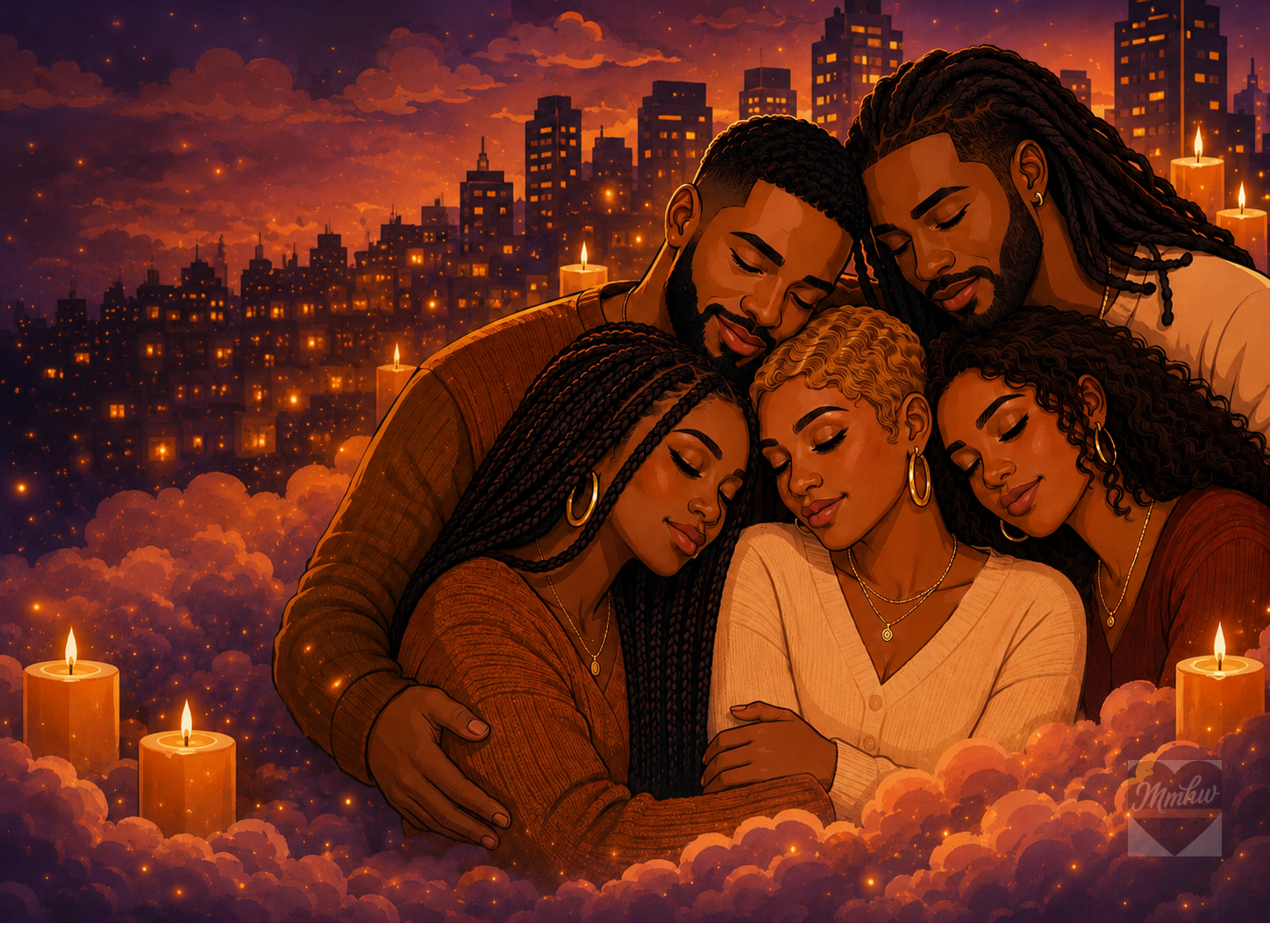 Five diverse women and two men with closed eyes, embracing each other in a cozy, intimate setting with candles and a city skyline at sunset in the background.
