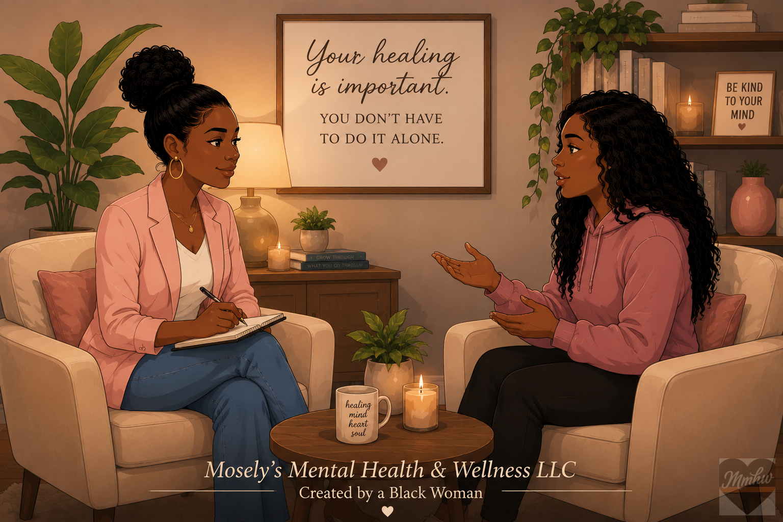 Two Black women having a counseling session in a cozy room with books, candles, and green plants. One woman is taking notes, the other is talking, both wearing pink tops. A framed quote on the wall reads 'Your healing is important. You don’t have to do it alone.'
